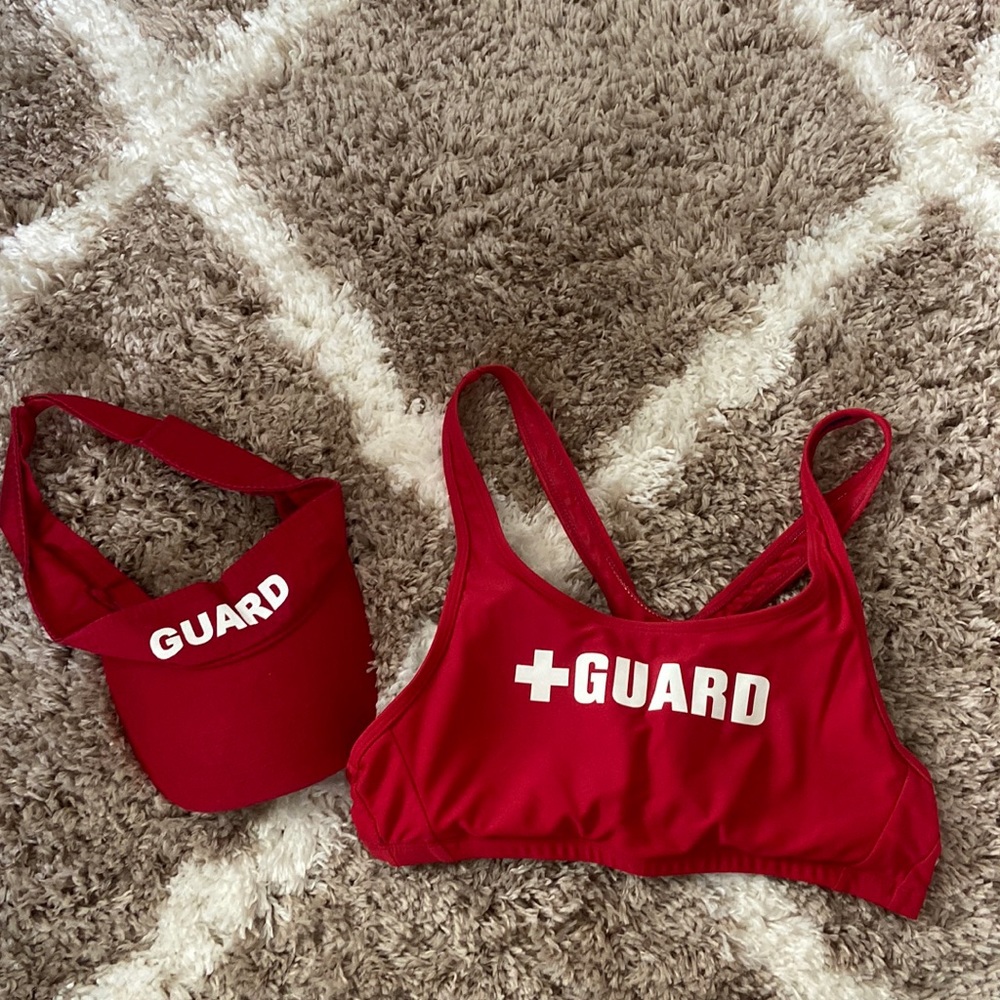 Red lifeguard visor and lifeguard bikini top package, sold together